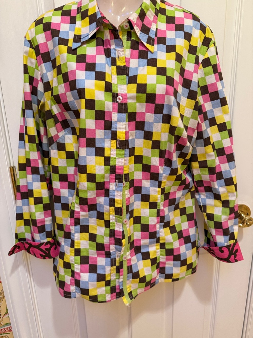 Tizzie: Check Button-Up Shirt in Lime, Pink & Blue